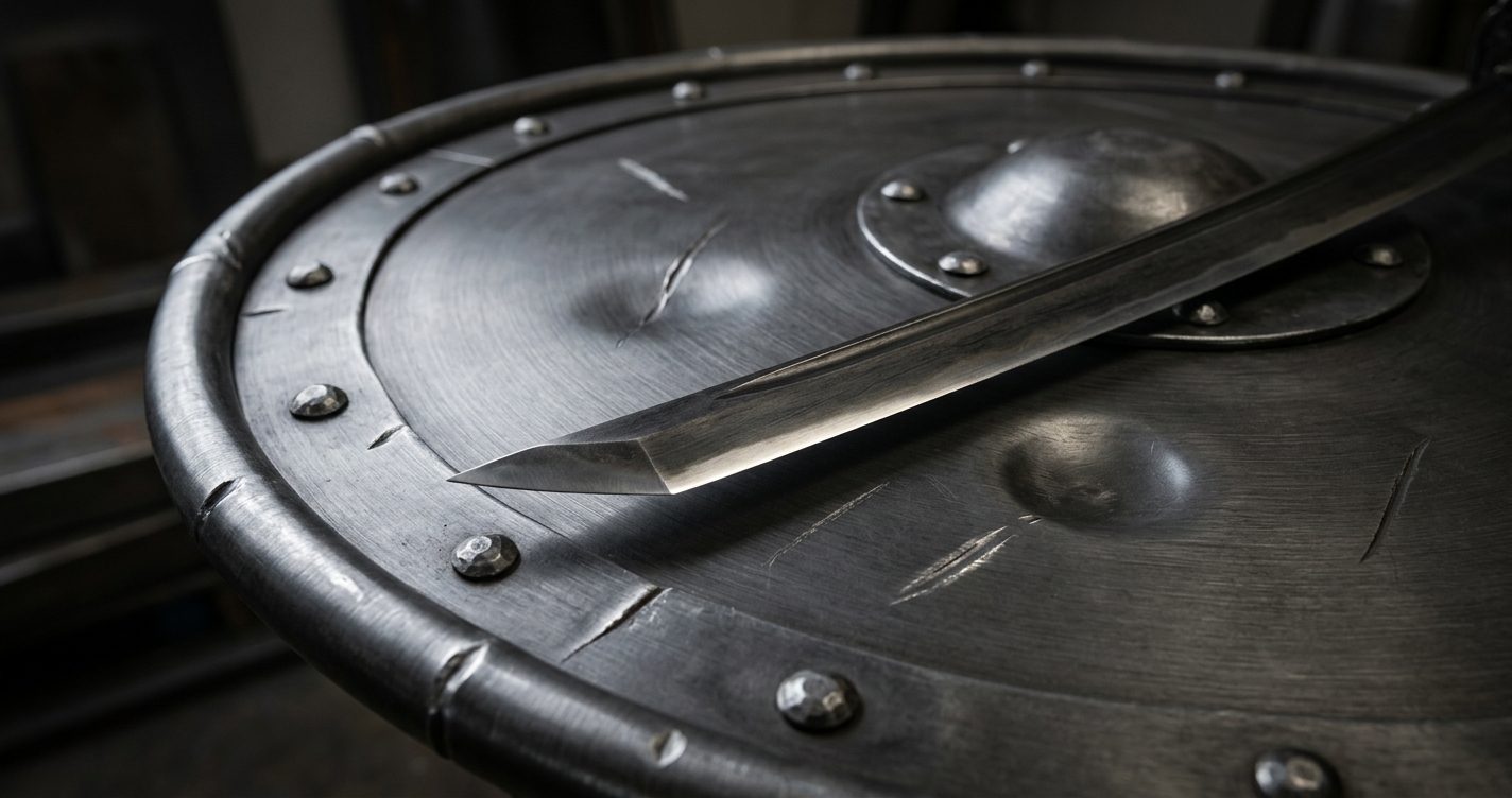 A sword blade resting diagonally across a riveted steel shield.