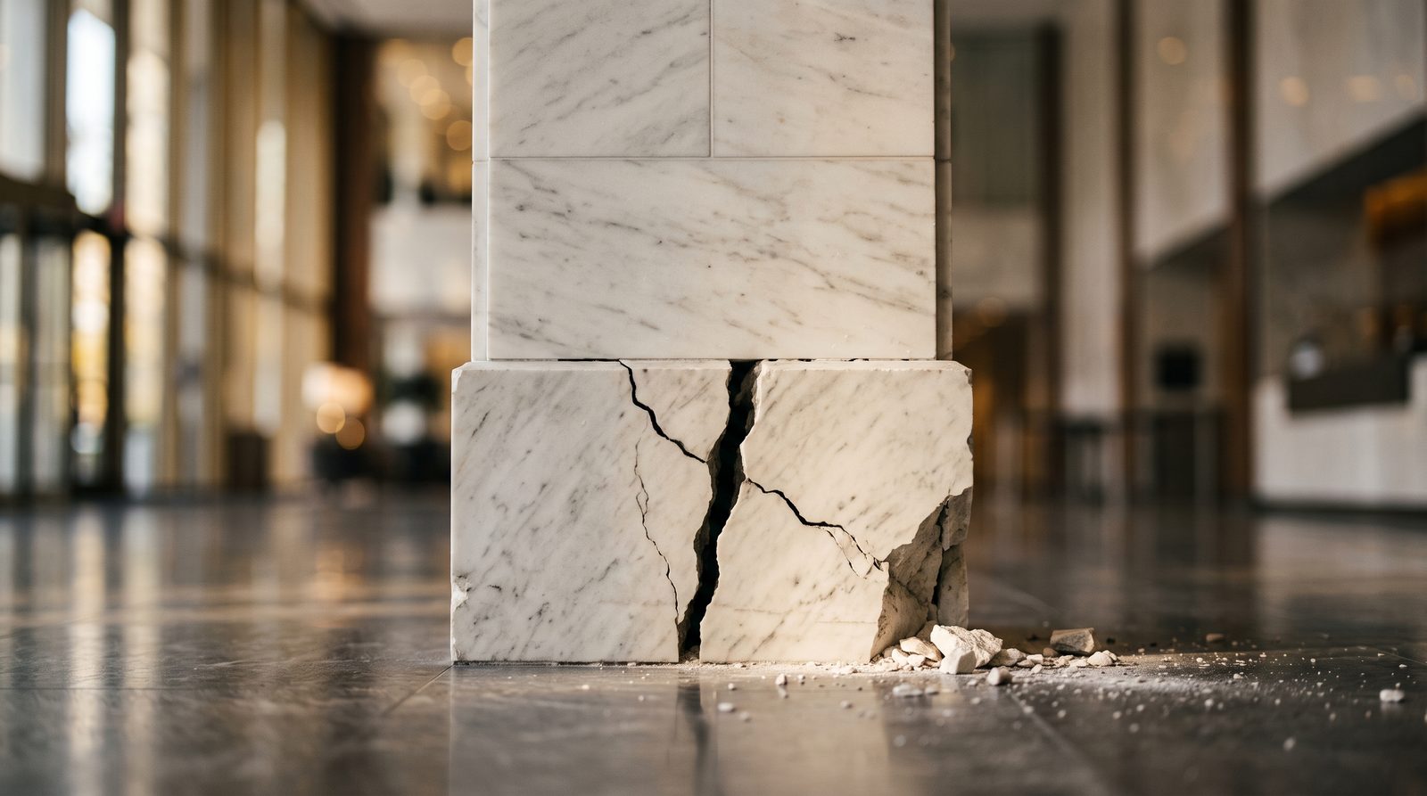 The cracked marble base of a polished column in a grand office lobby, with rubble scattered on the floor.