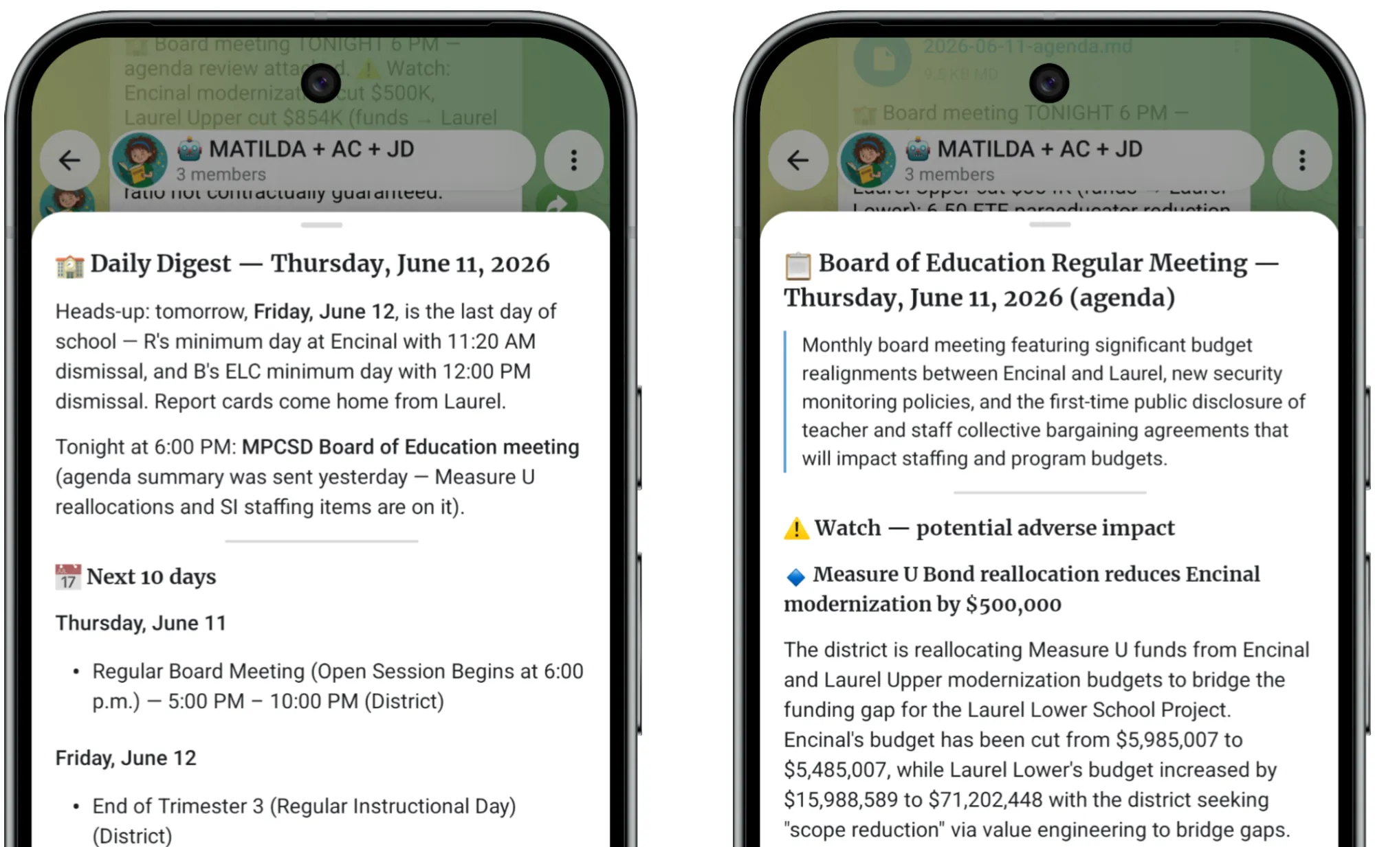 Screenshot of MATILDA's daily digest delivered as a tidy markdown message in Telegram.