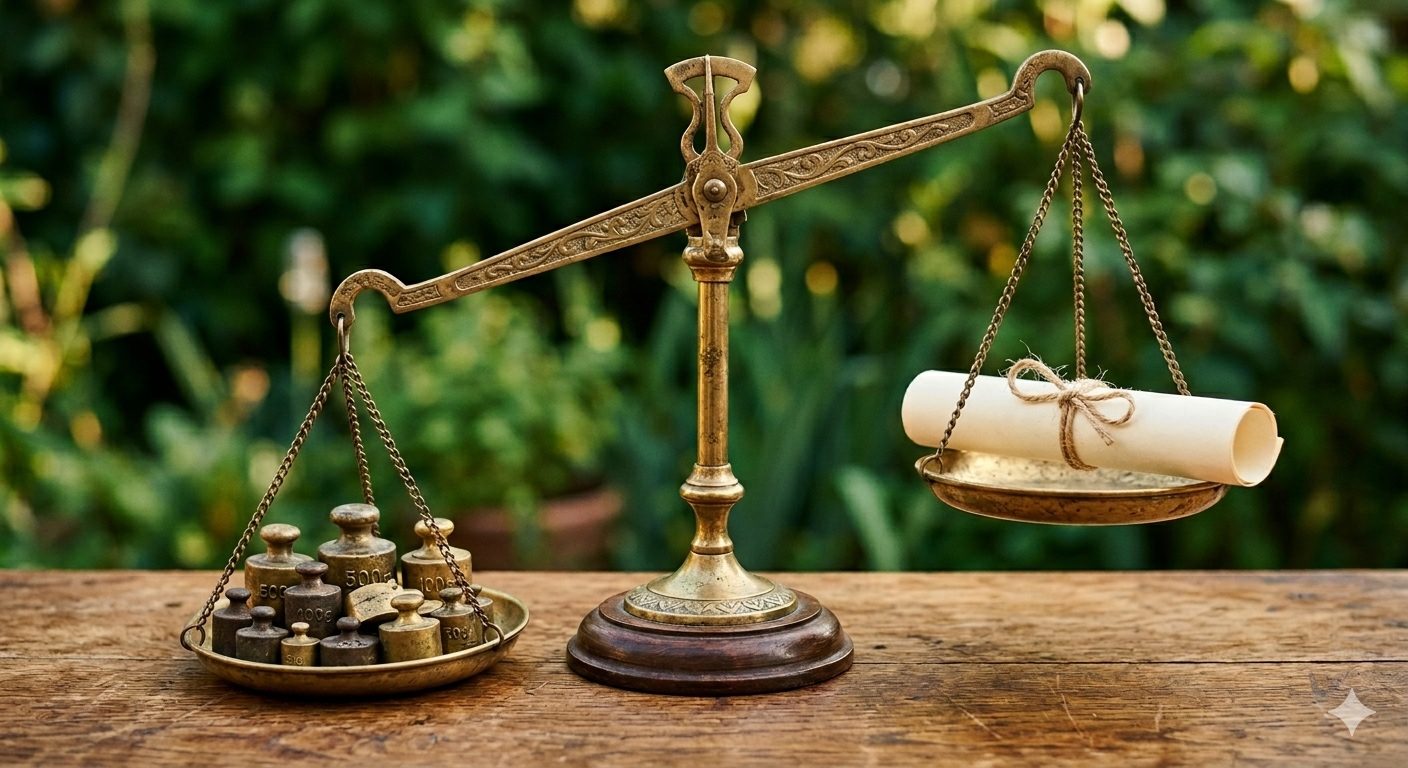 An antique brass balance scale weighing a set of metal weights against a rolled scroll, illustrating the trade-off between a model's weights and its personality files.